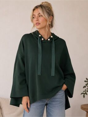 Joh - Francine Scuba Pearl Hoodie Top Hunter Green Women’s Size Large